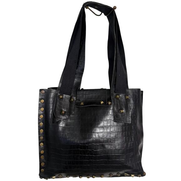 Parlato Pelletterie Italian Croc Embossed Leather Studded Shoulder Bag Black - Picture 7 of 14
